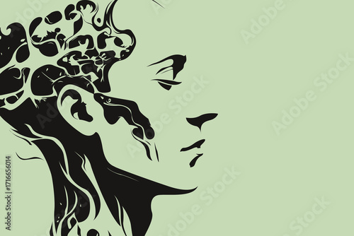 Abstract human head with brain illustration – surreal AI and psychology concept art
