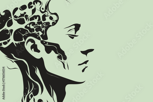 Abstract human head with brain illustration – surreal AI and psychology concept art