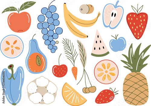 A vibrant assortment of fruits and vegetables evoking healthy abundance in playful cartoon style on a clean white background.