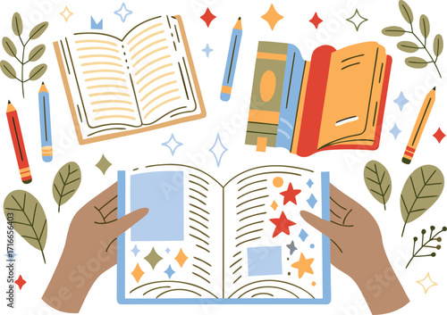 Immersed in stories—reader’s hands holding an open book surrounded by colorful books, pencils, and leaves in bright clean vector style.