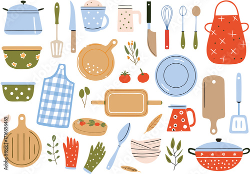 Colorful cartoon kitchen scene brimming with cooking utensils and dishes sparking culinary creativity in clean vector style.