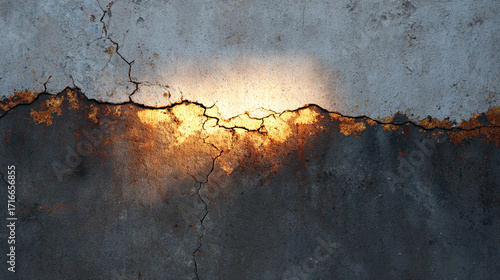 Glowing crack in textured wall gold accents dark tones