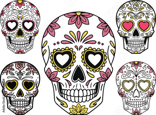 Collection of colorful sugar skulls with floral and heart designs