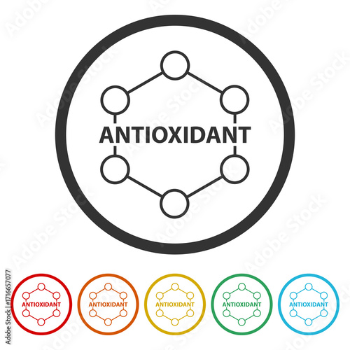 Antioxidant formula icon. Set icons in color circle buttons