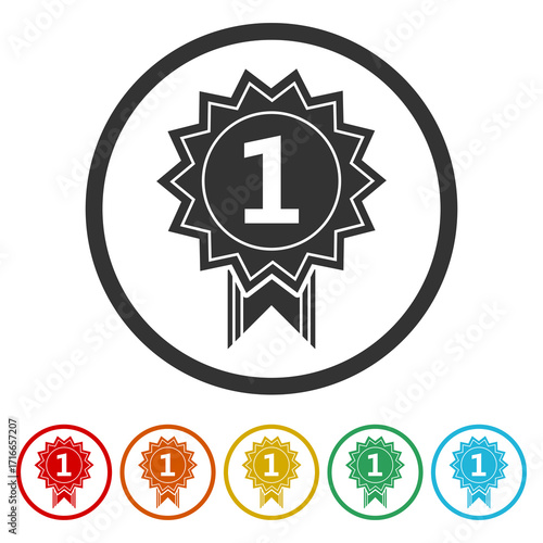 Number 1 winner ribbon award badge . Set icons in color circle buttons
