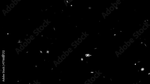 Falling Snow Background Overlay. White snowflakes falling effect on black background. 4K loop animation for winter theme.