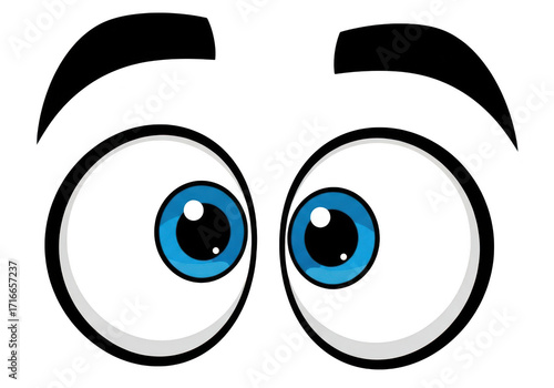 Bright blue cartoon eyes staring intensely with white outlines on a dark canvas transparent background