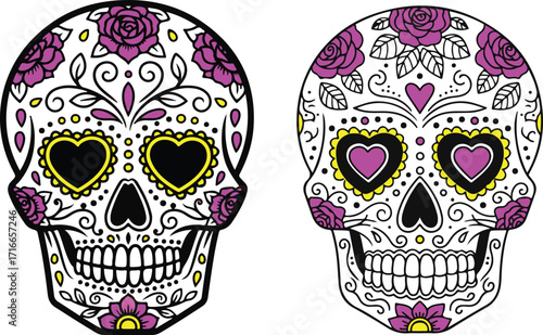 Two intricately decorated sugar skulls with floral patterns and heart shaped eyes