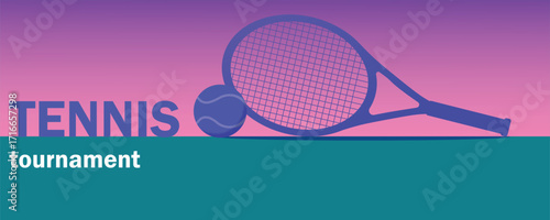 Tennis tournament poster, court, racket, ball, flat illustration, international competition banner. Racquet sports training, active lifestyle concept, tennis club, outdoor sports