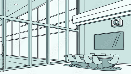 Modern Office Conference Room with Long Table, Sleek Chairs and Natural Light Glass Window 