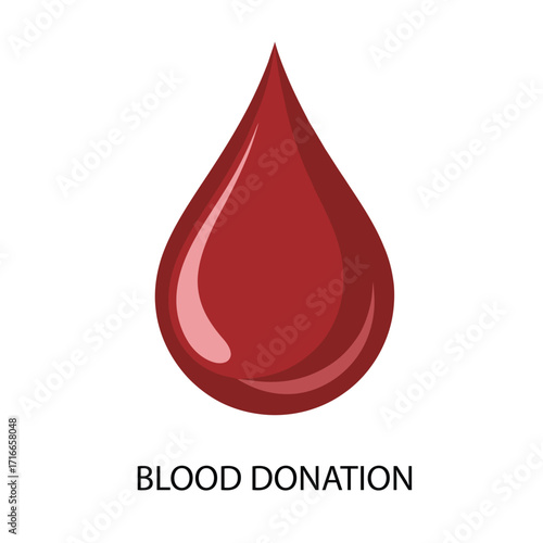 Stylized illustration of glossy red blood drop with bold “Blood Donation” text, symbolizing medical awareness and life-saving healthcare action