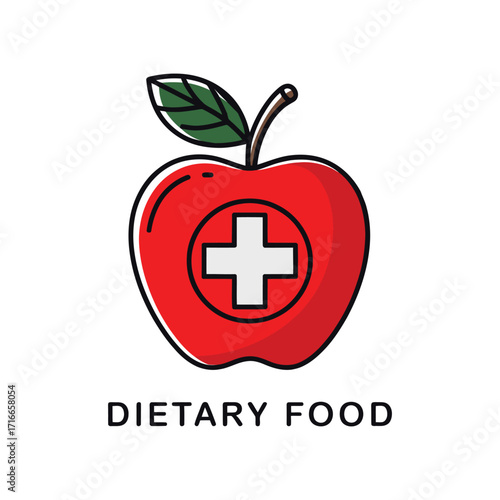 Stylized red apple with green leaf and white medical cross, labeled “Dietary Food,” symbolizing healthy eating and nutritional wellness