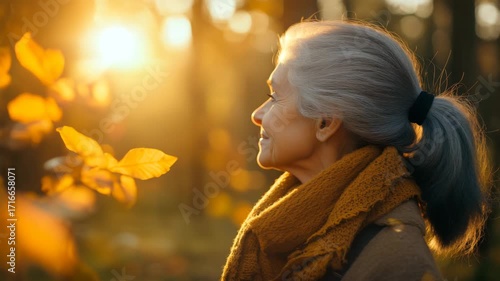 Happy senior woman with a joyful smile enjoying nature in a park at sunset