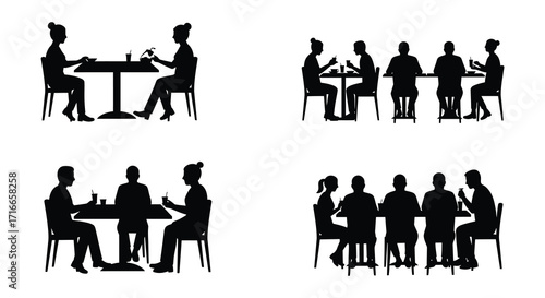Silhouettes of people dining together at tables a social gathering