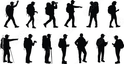 Hiking silhouettes, outdoor adventure, backpackers walking, nature exploration, travel vector, male hikers, trekking people, wilderness journey