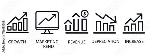 Set of five business icons showing growth, marketing trend, revenue, depreciation, and increase with charts, arrows, and financial symbols