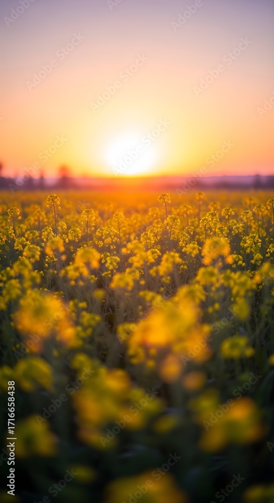 Obraz premium Vibrant yellow wildflowers bloom in a field during a soft sunset with blurred foreground details