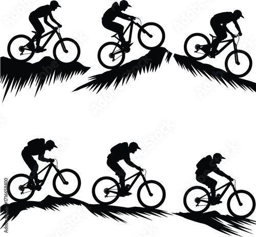 Mountain biking silhouettes, cyclist riding downhill, outdoor adventure, bike trail, extreme sports, cycling vector, mountain biker, active lifestyle