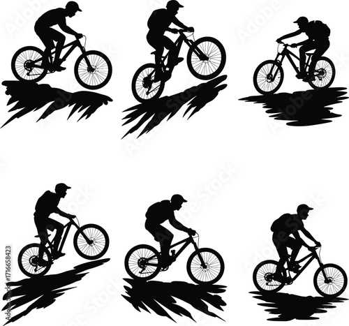 Mountain biking silhouettes, cyclist riding downhill, outdoor adventure, bike trail, extreme sports, cycling vector, mountain biker, active lifestyle