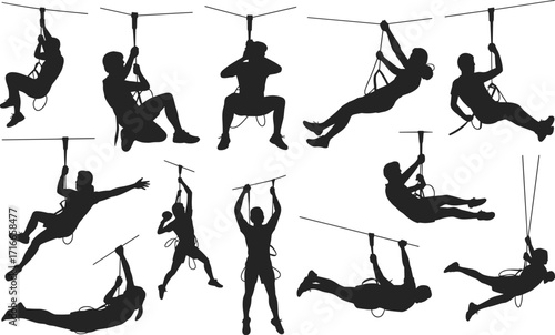 Silhouette of people doing aerial fitness, TRX training, suspension exercises, workout routines, strength training, fitness silhouettes