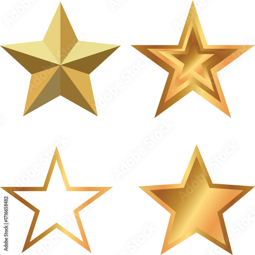Set of Four Golden Star Icons and Illustrations