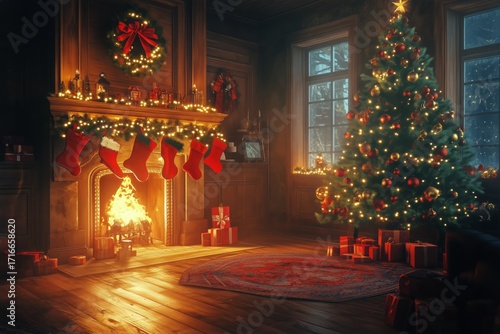 Wallpaper Mural Cozy Christmas Living Room With a Decorated Tree and Warm Fireplace Glow Torontodigital.ca