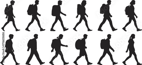 Silhouette of people walking, pedestrians, urban lifestyle, commuters, travelers, walking figures, city life, movement