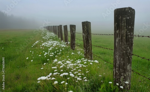 Morning Fog Surrounds a Rustic Fence With Wildflowers Along a Lush Green Field