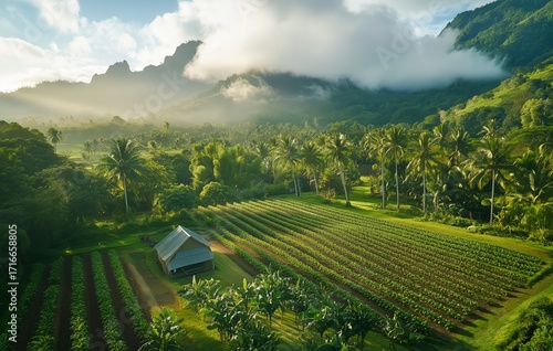 Vibrant Green Farm Landscape Surrounded by Mountains and Clouds in the Early ...