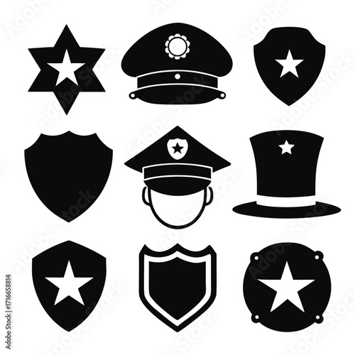 Police Icons Set Black Silhouette Vector of Hats, Badges, Stars, and Shields