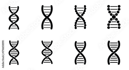 Simple black and white illustration of various dna strand structures