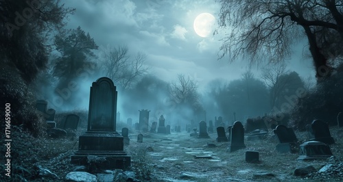Mysterious Night Scene in an Old Cemetery Under a Full Moon.