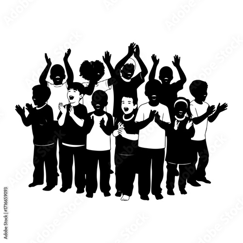 Cheering children clapping hands raised
