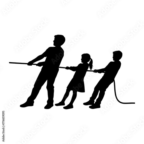 Children and adult pulling rope tug of war