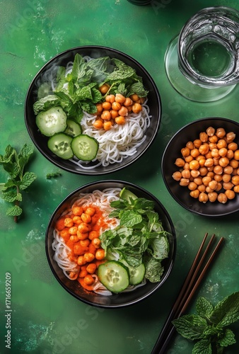 Delicious Bowls of Noodle Salad With Fresh Herbs and Chickpeas on a Green Sur...