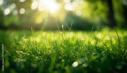 Sunshine Shines on Green Grass in a Peaceful Park During a Bright Afternoon.