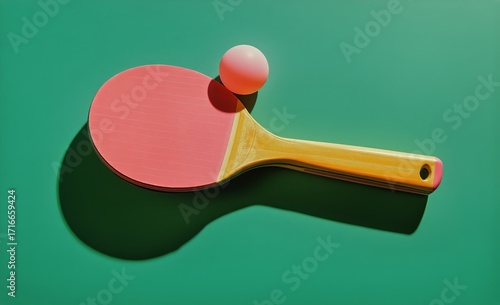 Table Tennis Paddle and Ball Set Against a Green Background During a Sunny Day.