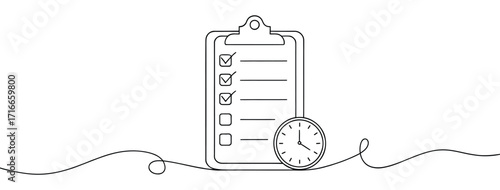 Minimalist line drawing of clipboard with checklist and clock, symbolizing productivity, task management, planning, and time awareness