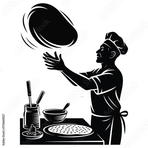Baker tossing pizza dough silhouette vector isolated black and white