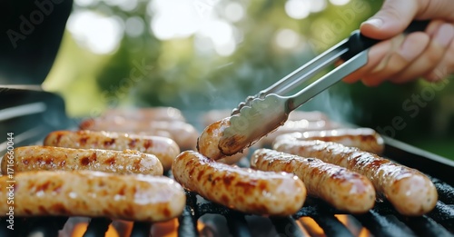 Grilling Sausages Outdoors in the Backyard During a Sunny Afternoon