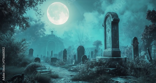 Mysterious Night Scene in an Old Cemetery Under a Full Moon