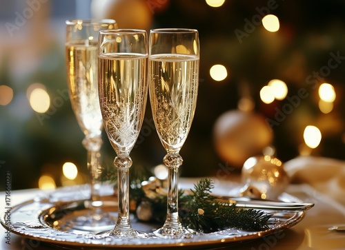 Elegant Glasses of Sparkling Wine on a Festive Table With Warm Holiday Lights