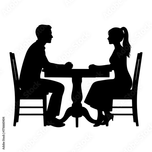 Couple seated at round table silhouette woman