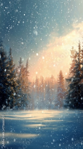 Winter Morning Light Shines Through Snowy Trees in a Peaceful Landscape