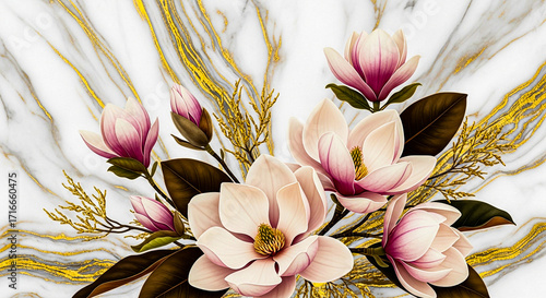 A lush bouquet of white and pink magnolia flowers with dark leaves and golden accents is arranged against a white and gold marble background