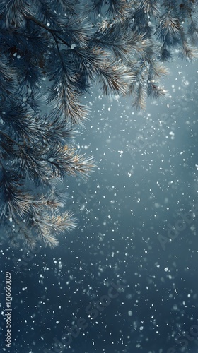 Snowflakes Fall Gently on Pine Branches in a Serene Winter Landscape.
