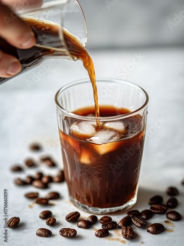 Pouring Cold Brew Coffee Over Ice in a Glass With Coffee Beans Nearby for a R...