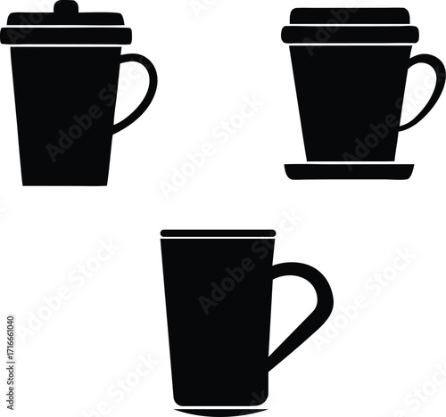 Three silhouette coffee cups and mugs graphic design elements for beverage service vector