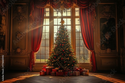 Luxurious Festive Interior With a Decorated Christmas Tree and Sunlight Strea...
