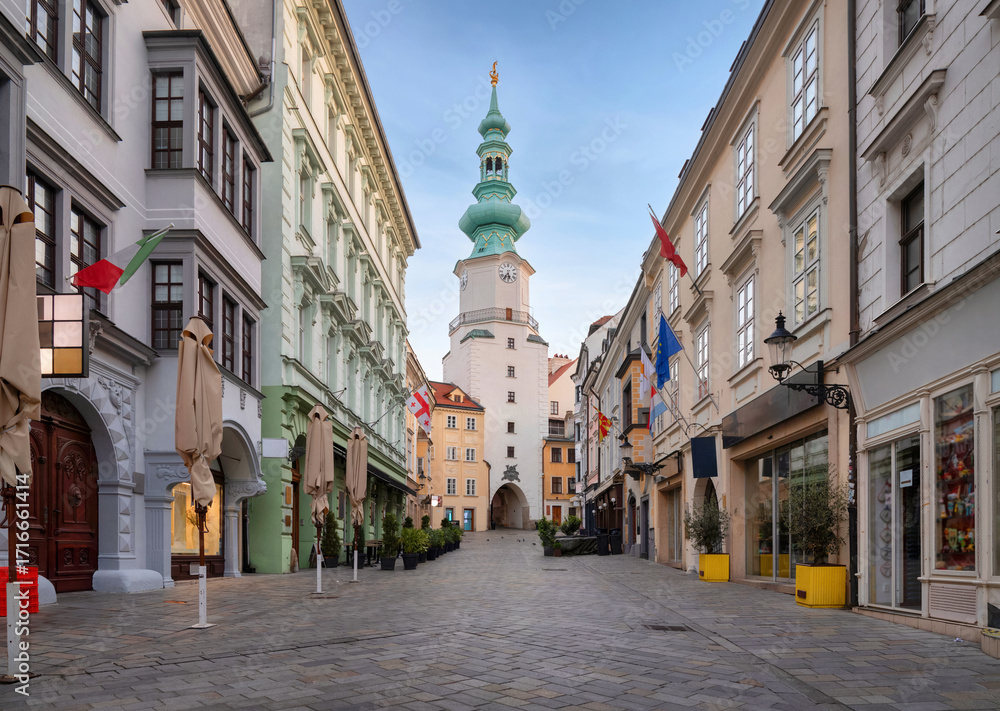 Fototapeta premium Bratislava, Slovakia. View of Michael's Gate (Michalska brana) and Michalska street in old town